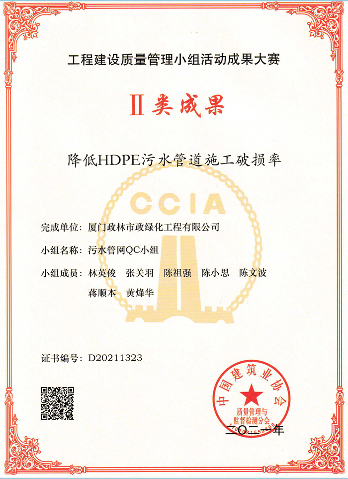 政林QC國家級(jí)二等獎(jiǎng) | 降低HDPE污水管道施工破損率